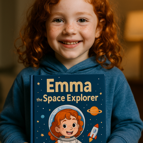 Happy child holding their personalized storybook